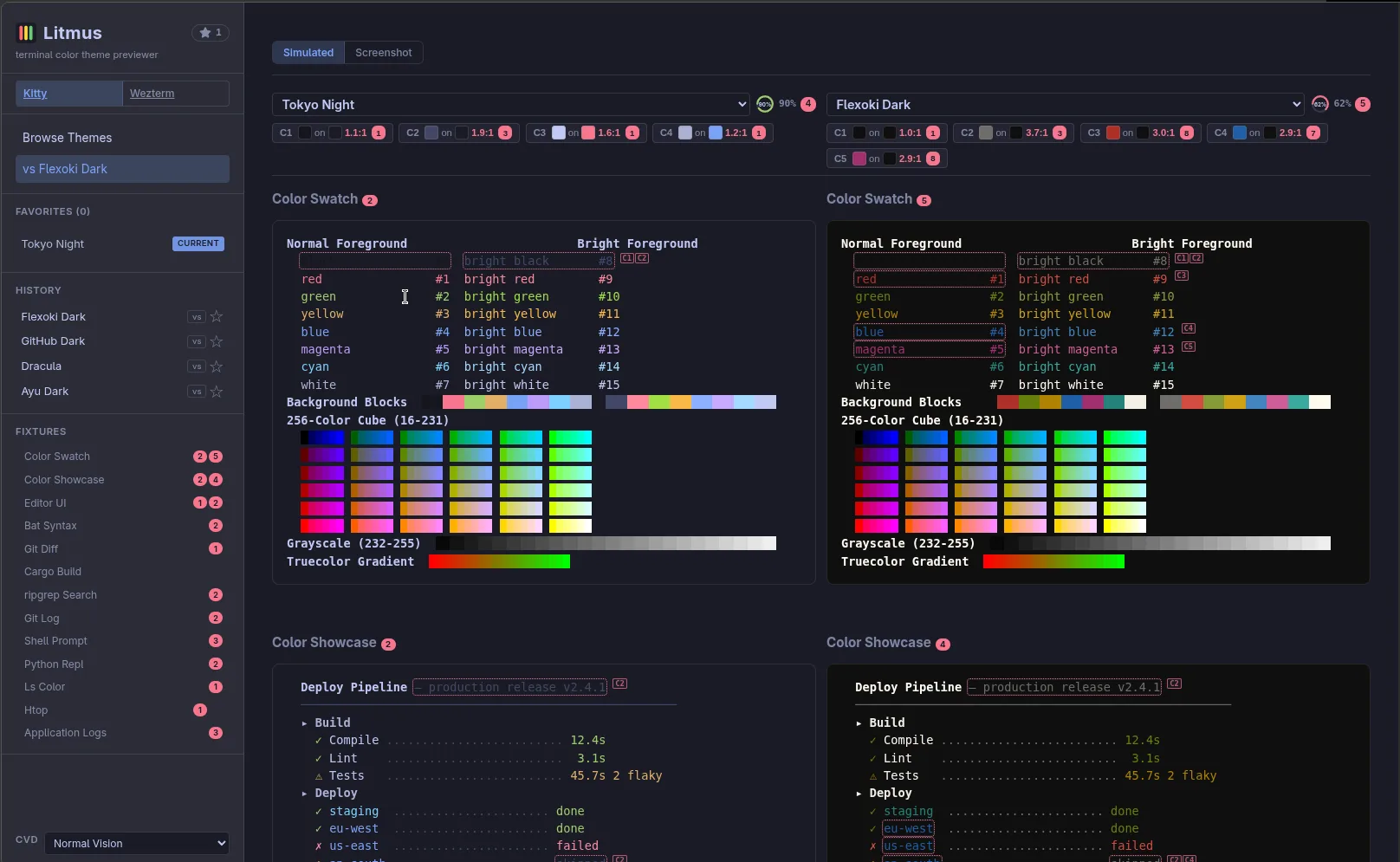 Side-by-side comparison of Tokyo Night and Flexoki Dark