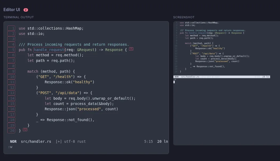 Editor UI with syntax-highlighted Rust code