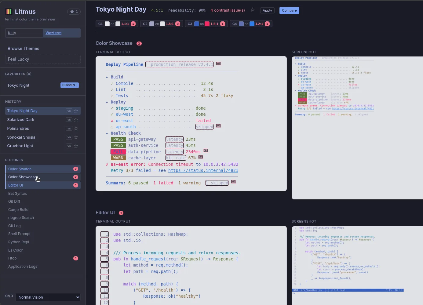 Litmus showing Tokyo Night Day across multiple terminal scenarios